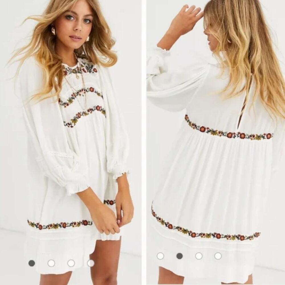 Free People White Boho Embroidered Tunic Dress